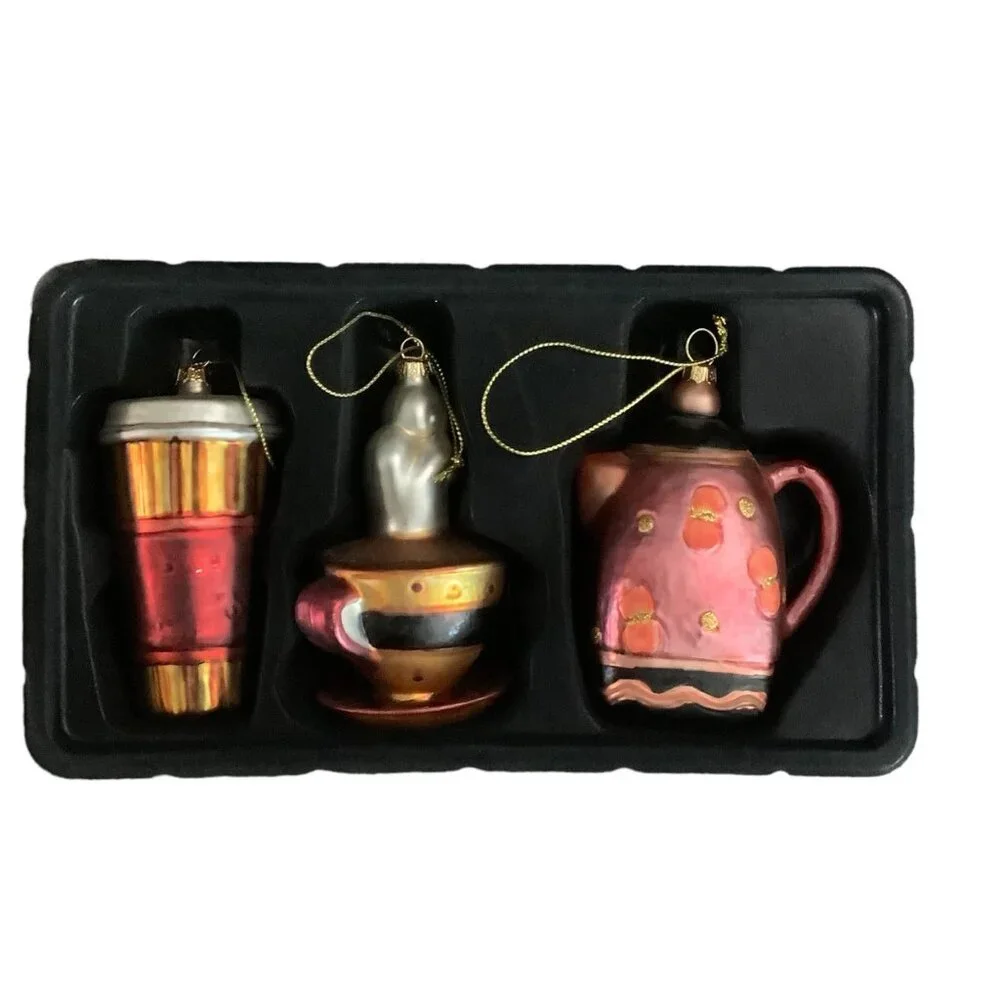 Coffee Themed Glass Ornaments Set of‎ 3 Semi-Vintage Java Mug Cup Hot Coffee Pot